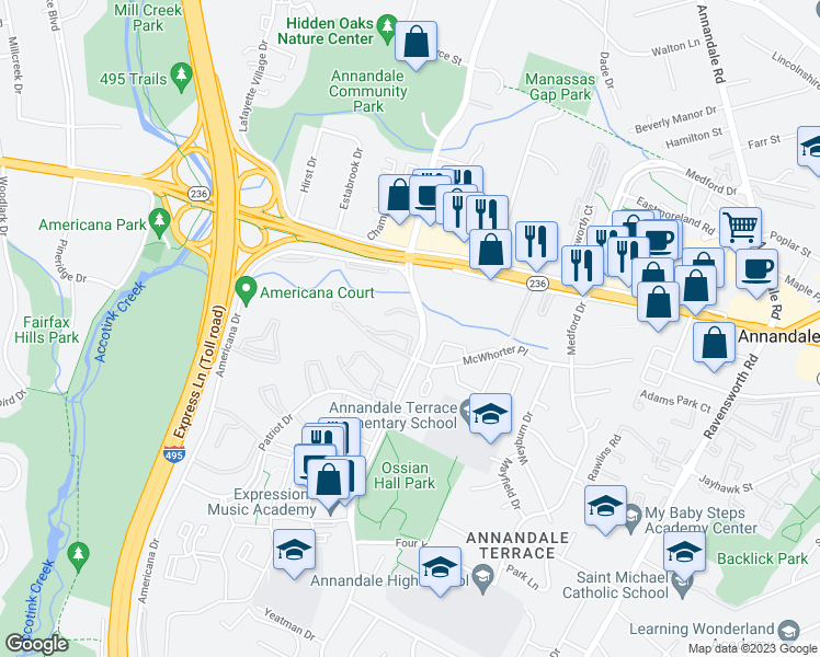 map of restaurants, bars, coffee shops, grocery stores, and more near 7704 Donnybrook Court in Annandale