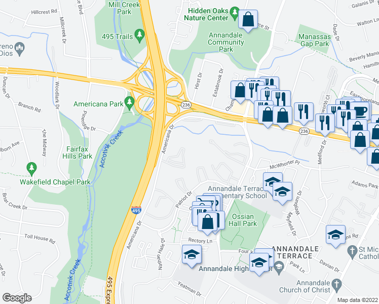 map of restaurants, bars, coffee shops, grocery stores, and more near 4327 Americana Drive in Annandale