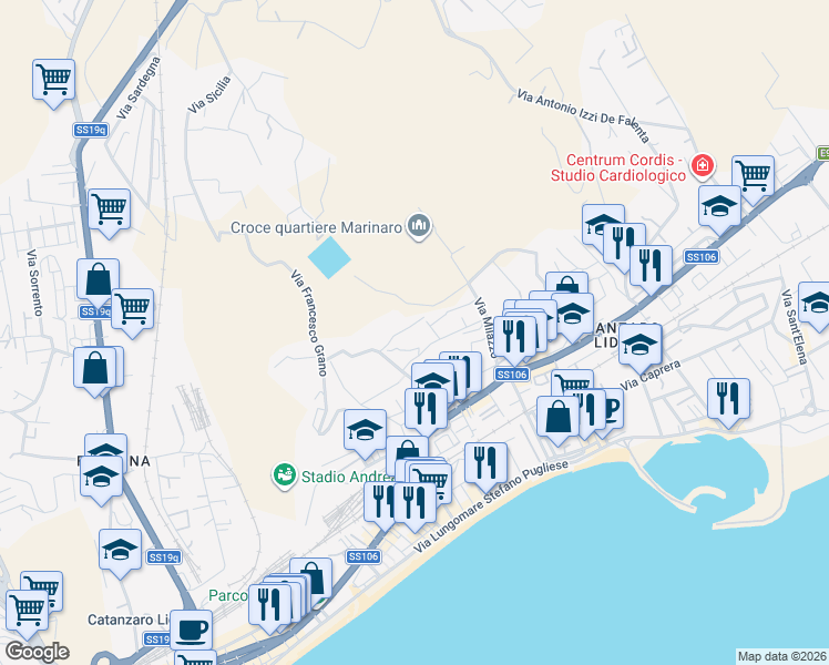 map of restaurants, bars, coffee shops, grocery stores, and more near 11 Via Guglielmo Papaleo in Catanzaro