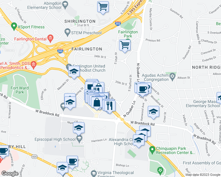 map of restaurants, bars, coffee shops, grocery stores, and more near 3545 South Utah Street in Arlington