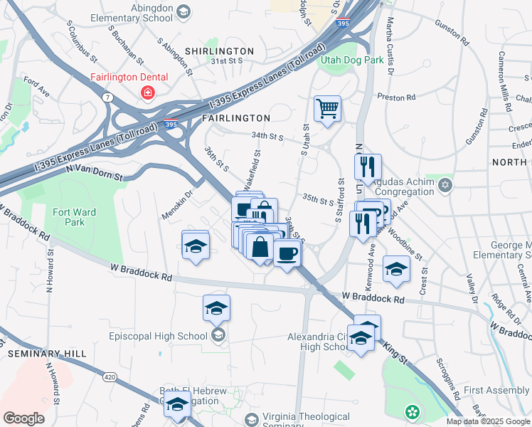 map of restaurants, bars, coffee shops, grocery stores, and more near 4454 36th Street South in Arlington