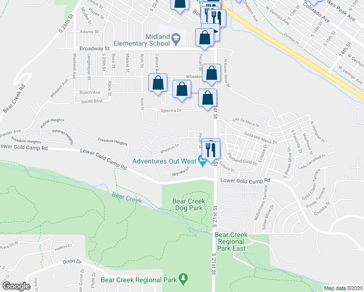 map of restaurants, bars, coffee shops, grocery stores, and more near 2445 Wheaton Drive in Colorado Springs
