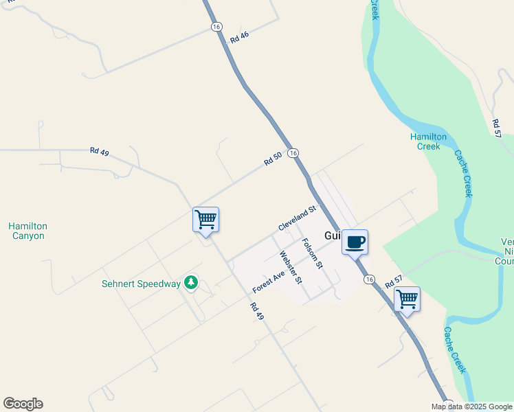 map of restaurants, bars, coffee shops, grocery stores, and more near 16465 Road 50 in Guinda