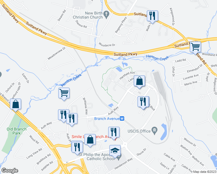 map of restaurants, bars, coffee shops, grocery stores, and more near 4321 Talmadge Circle in Camp Springs