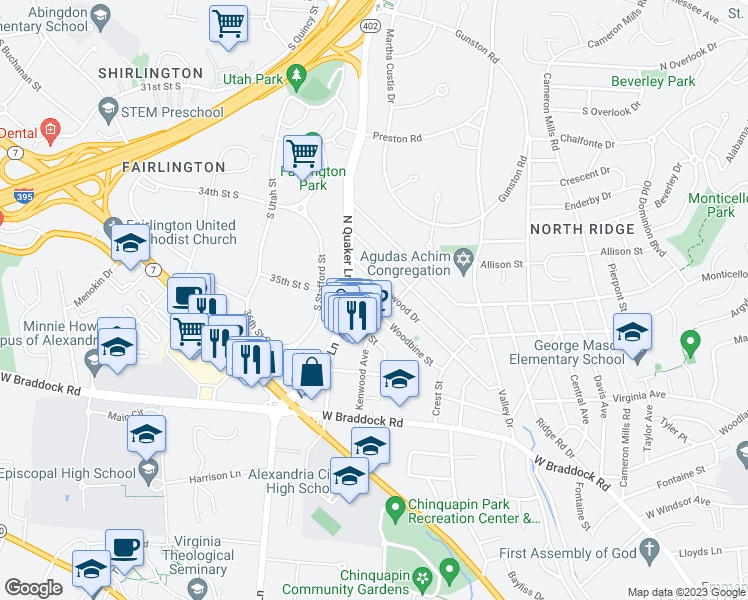 map of restaurants, bars, coffee shops, grocery stores, and more near 1689 Kenwood Avenue in Alexandria