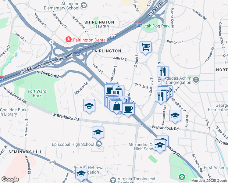 map of restaurants, bars, coffee shops, grocery stores, and more near 4510 36th Street South in Arlington