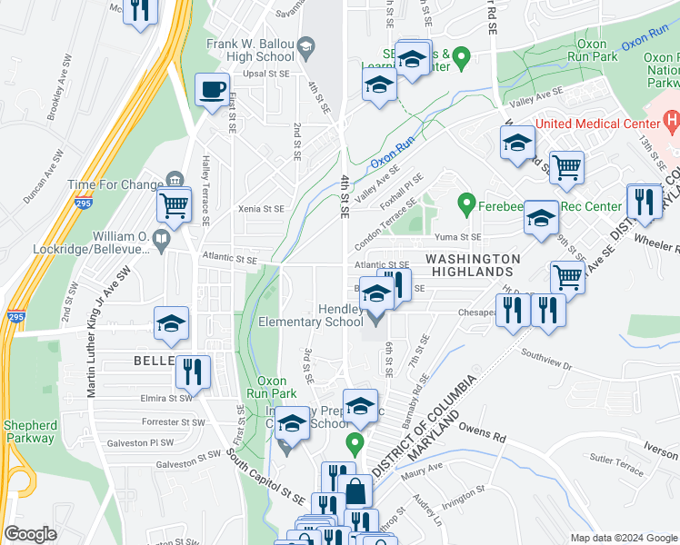 map of restaurants, bars, coffee shops, grocery stores, and more near 4005 4th Street Southeast in Washington