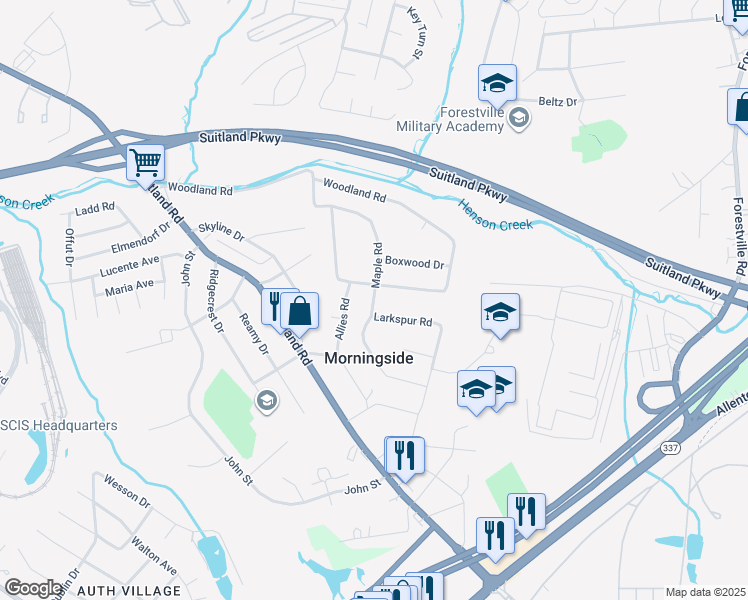 map of restaurants, bars, coffee shops, grocery stores, and more near Maple Road in Morningside
