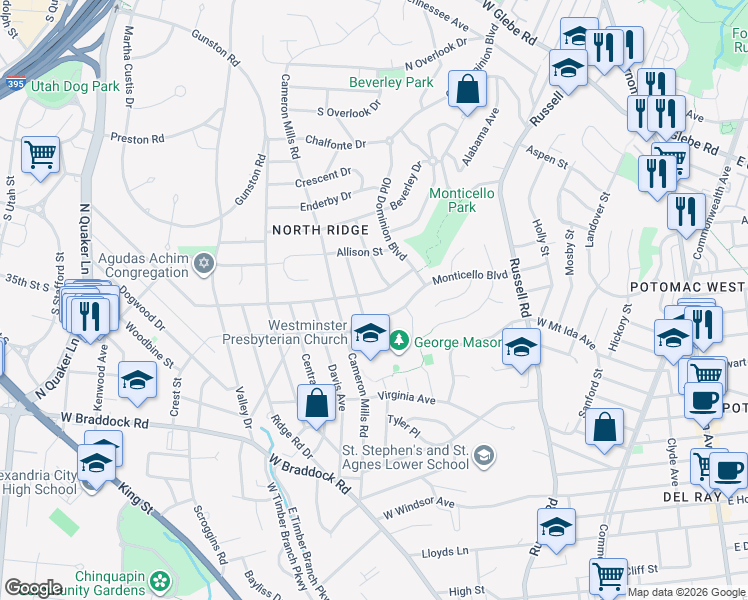 map of restaurants, bars, coffee shops, grocery stores, and more near 606 Crestwood Drive in Alexandria