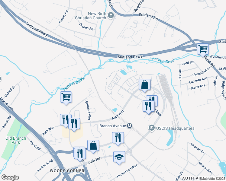map of restaurants, bars, coffee shops, grocery stores, and more near 4321 Talmadge Circle in Camp Springs