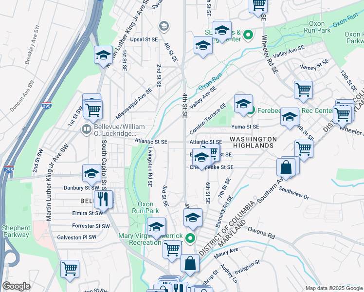 map of restaurants, bars, coffee shops, grocery stores, and more near 4005 4th Street Southeast in Washington