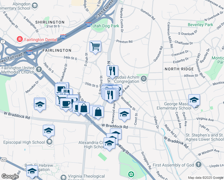 map of restaurants, bars, coffee shops, grocery stores, and more near 1615 North Quaker Lane in Alexandria