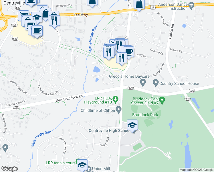 map of restaurants, bars, coffee shops, grocery stores, and more near 13647 Orchard Drive in Clifton