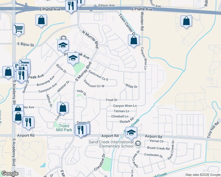 map of restaurants, bars, coffee shops, grocery stores, and more near 4601 Eastcrest Circle West in Colorado Springs