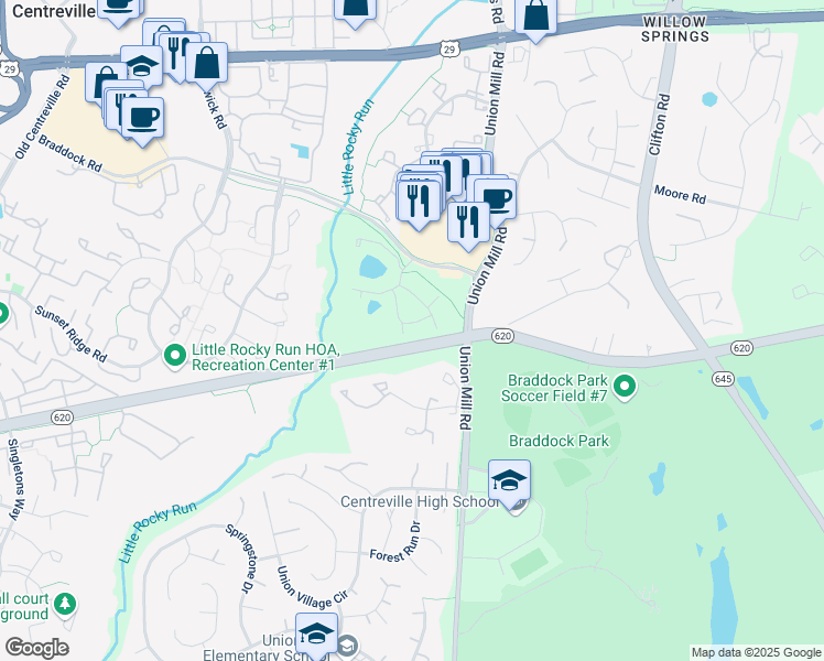 map of restaurants, bars, coffee shops, grocery stores, and more near 13645 Orchard Drive in Clifton