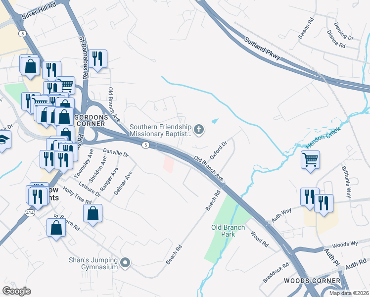 map of restaurants, bars, coffee shops, grocery stores, and more near 4515 Old Branch Avenue in Temple Hills