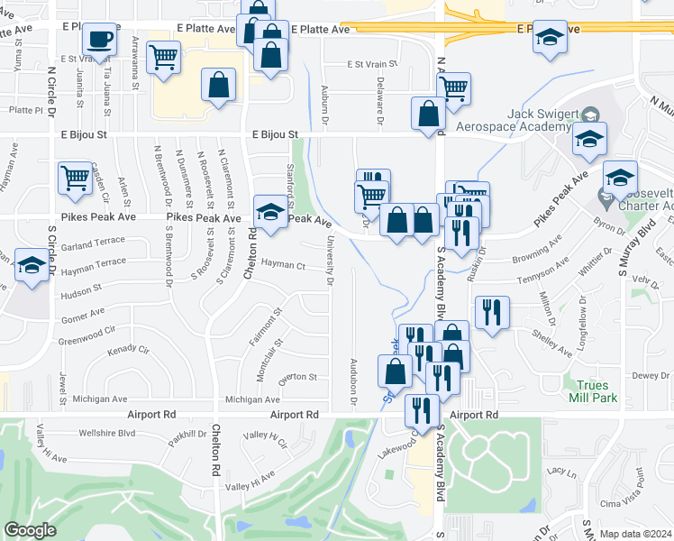 map of restaurants, bars, coffee shops, grocery stores, and more near 3649 Hayman Court in Colorado Springs
