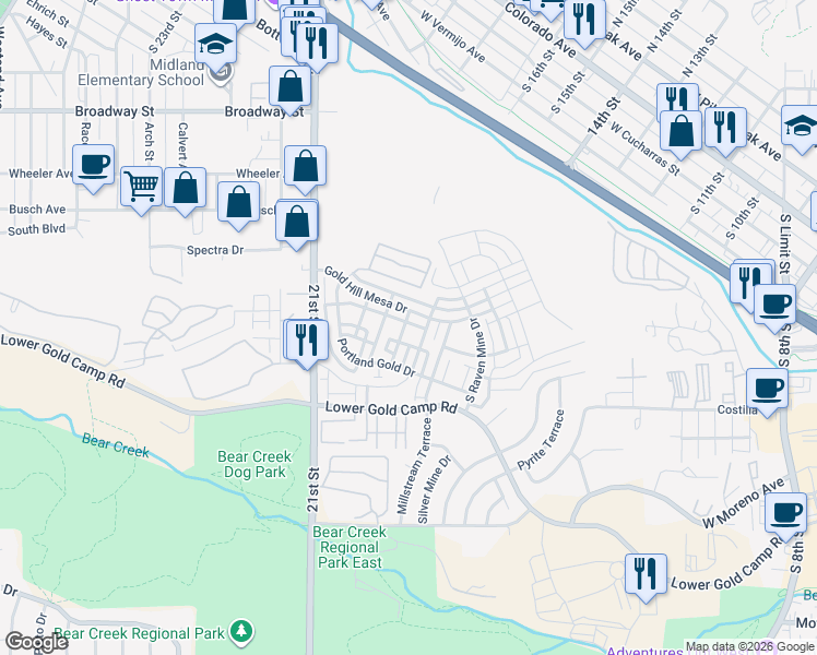 map of restaurants, bars, coffee shops, grocery stores, and more near 136 Celestine Street in Colorado Springs