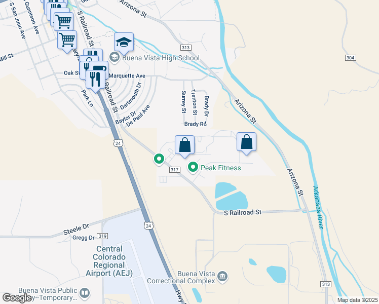 map of restaurants, bars, coffee shops, grocery stores, and more near 140 Weathervane Lane in Buena Vista