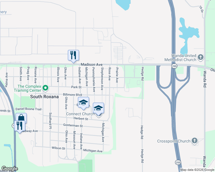 map of restaurants, bars, coffee shops, grocery stores, and more near 300 Stephenson Avenue in South Roxana