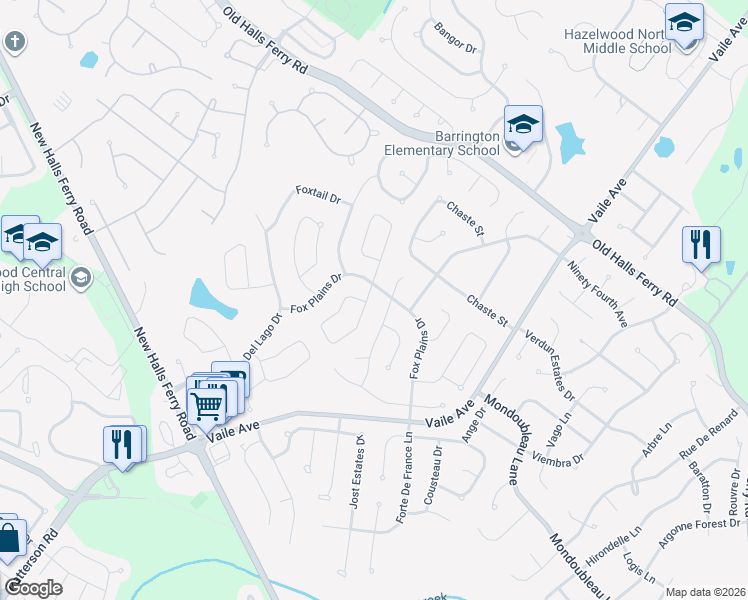 map of restaurants, bars, coffee shops, grocery stores, and more near 15583 Ninety-Fifth Avenue in Florissant