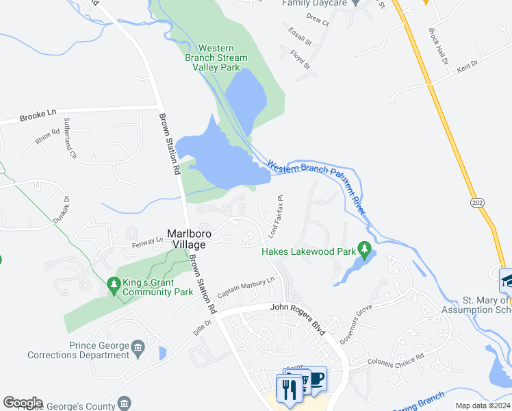 map of restaurants, bars, coffee shops, grocery stores, and more near 4311 Lord Fairfax Court in Upper Marlboro
