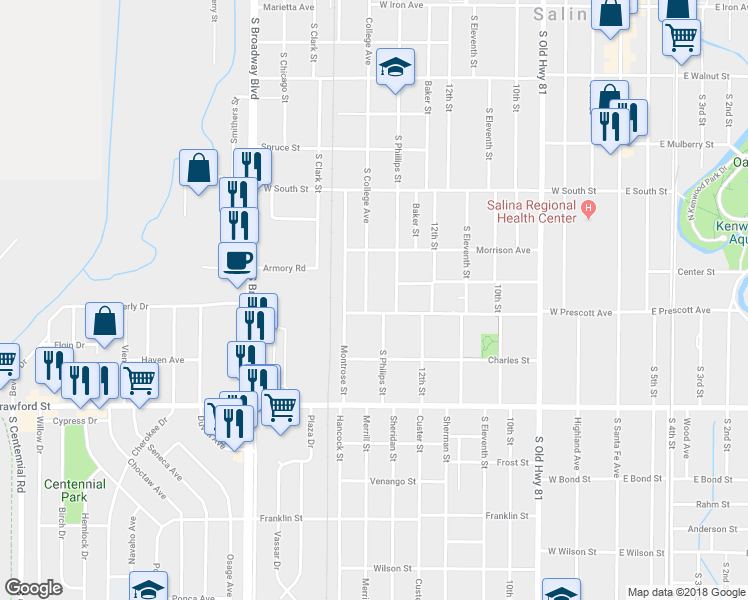 map of restaurants, bars, coffee shops, grocery stores, and more near 549 South College Avenue in Salina