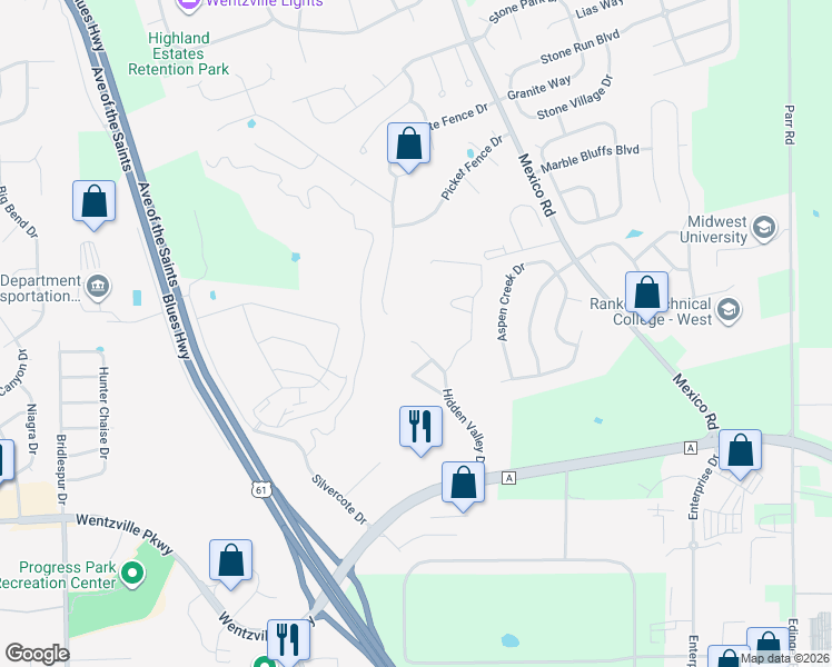 map of restaurants, bars, coffee shops, grocery stores, and more near 1181 Evergreen Court in Wentzville