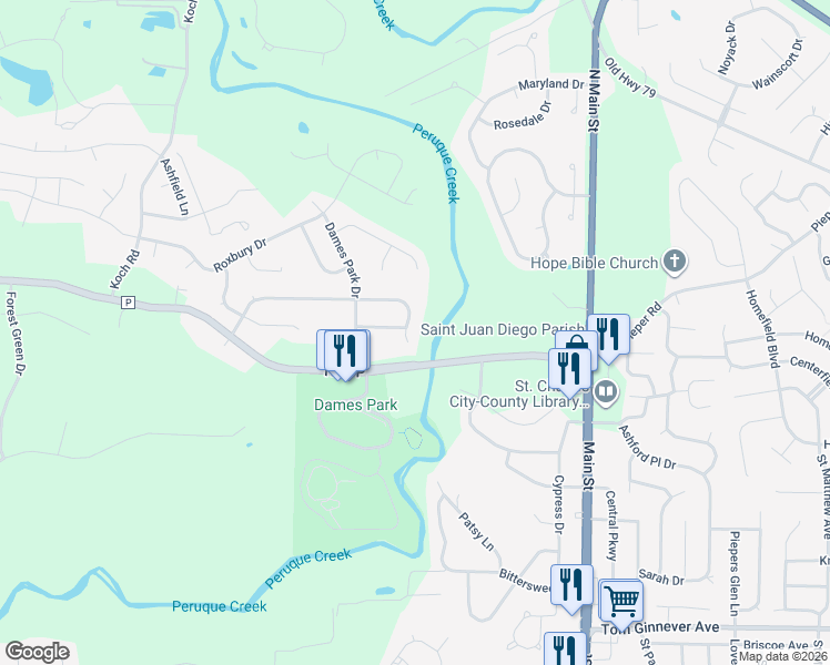 map of restaurants, bars, coffee shops, grocery stores, and more near 247 Park Ridge Drive in O'Fallon