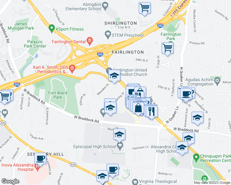 map of restaurants, bars, coffee shops, grocery stores, and more near 3822 Ingalls Avenue in Alexandria