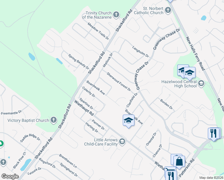 map of restaurants, bars, coffee shops, grocery stores, and more near 3052 Ventnor Place in Florissant