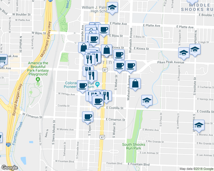 map of restaurants, bars, coffee shops, grocery stores, and more near 201 South Nevada Avenue in Colorado Springs