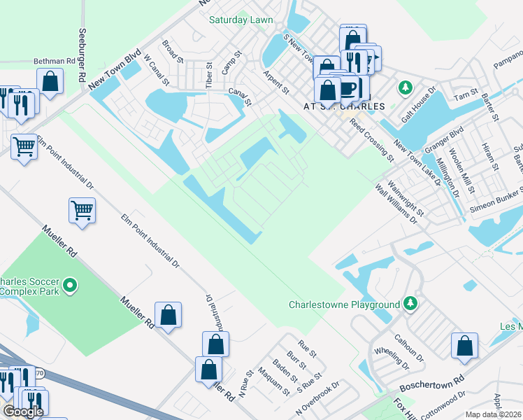 map of restaurants, bars, coffee shops, grocery stores, and more near Boschert Trail in Saint Charles