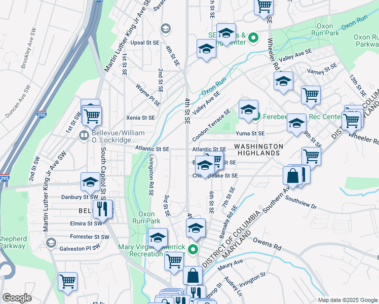 map of restaurants, bars, coffee shops, grocery stores, and more near 4000 4th Street Southeast in Washington