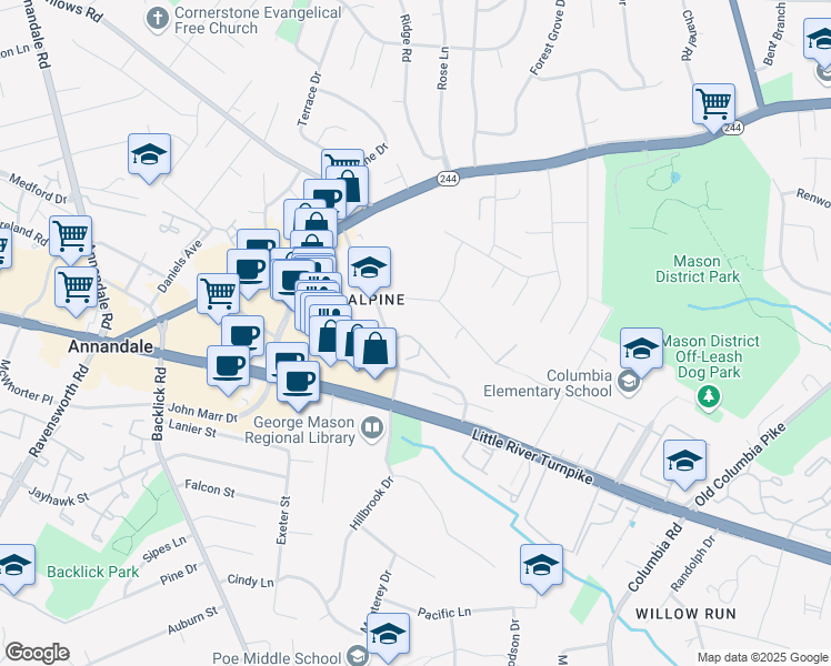 map of restaurants, bars, coffee shops, grocery stores, and more near 4321 Greenberry Lane in Annandale
