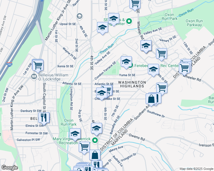 map of restaurants, bars, coffee shops, grocery stores, and more near 601 Atlantic Street Southeast in Washington