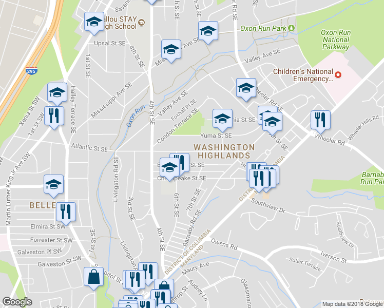 map of restaurants, bars, coffee shops, grocery stores, and more near 629 Atlantic Street Southeast in Washington