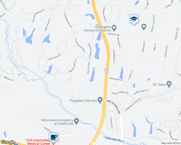 map of restaurants, bars, coffee shops, grocery stores, and more near 5671 Shoal Creek Drive in Haymarket