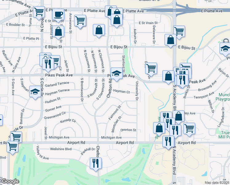 map of restaurants, bars, coffee shops, grocery stores, and more near 3608 Fairmont Place in Colorado Springs
