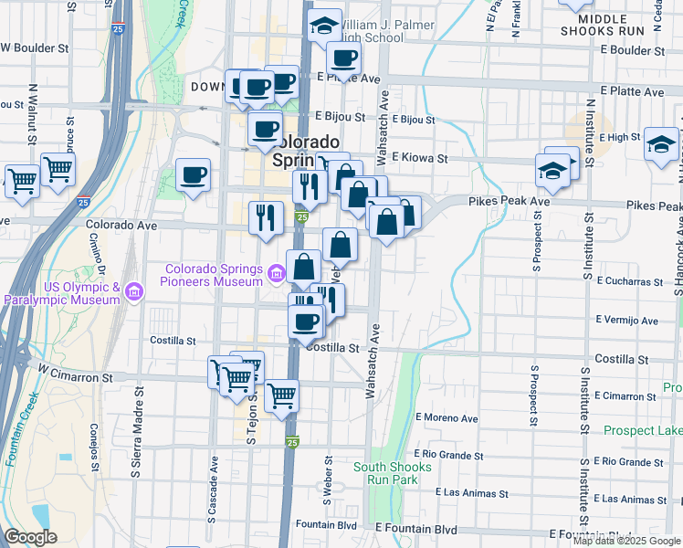 map of restaurants, bars, coffee shops, grocery stores, and more near 230 South Weber Street in Colorado Springs