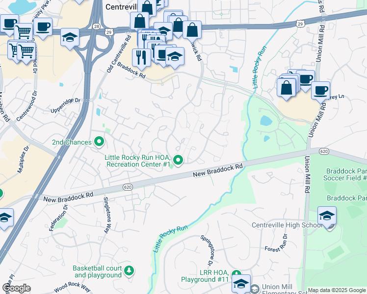 map of restaurants, bars, coffee shops, grocery stores, and more near 13814 Wakley Court in Centreville