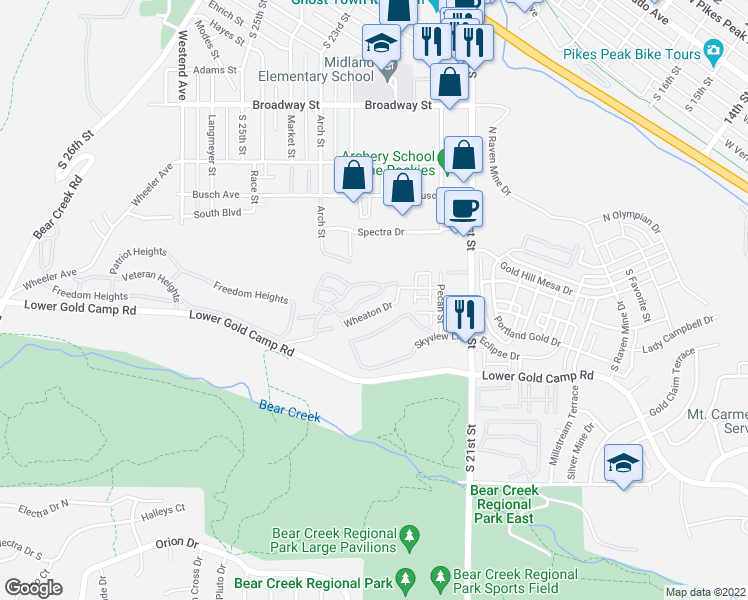 map of restaurants, bars, coffee shops, grocery stores, and more near 2502 Wheaton Drive in Colorado Springs