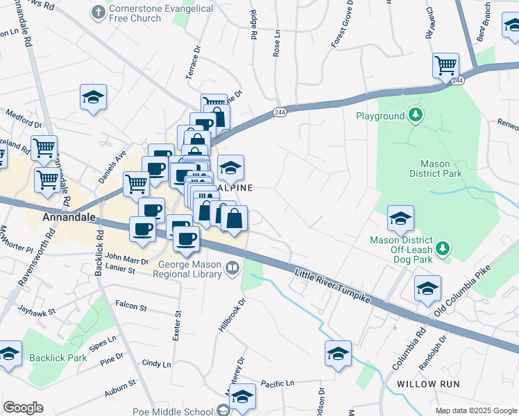 map of restaurants, bars, coffee shops, grocery stores, and more near 4321 Greenberry Lane in Annandale