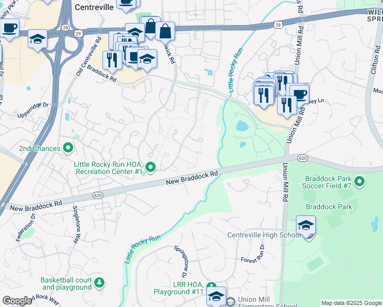 map of restaurants, bars, coffee shops, grocery stores, and more near 13643 Clarendon Springs Court in Centreville