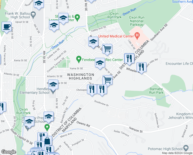 map of restaurants, bars, coffee shops, grocery stores, and more near 849 Marjorie Court Southeast in Washington