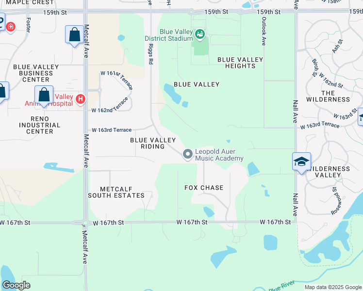 map of restaurants, bars, coffee shops, grocery stores, and more near 16407 Riggs Road in Stilwell
