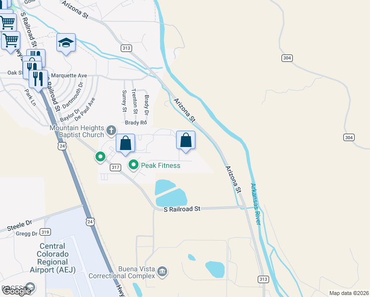 map of restaurants, bars, coffee shops, grocery stores, and more near 480 Antero Circle in Buena Vista