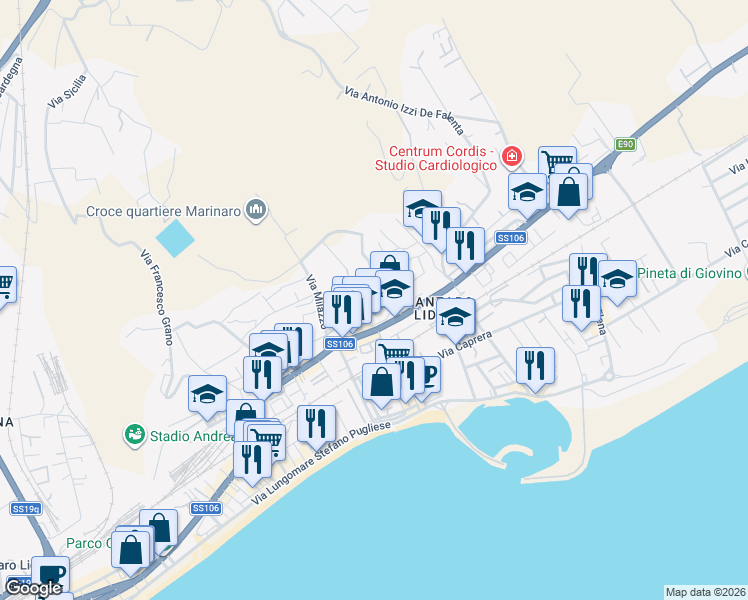 map of restaurants, bars, coffee shops, grocery stores, and more near 154 Viale Crotone in Catanzaro