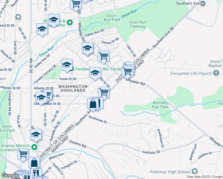 map of restaurants, bars, coffee shops, grocery stores, and more near 901 Southern Avenue Southeast in Washington