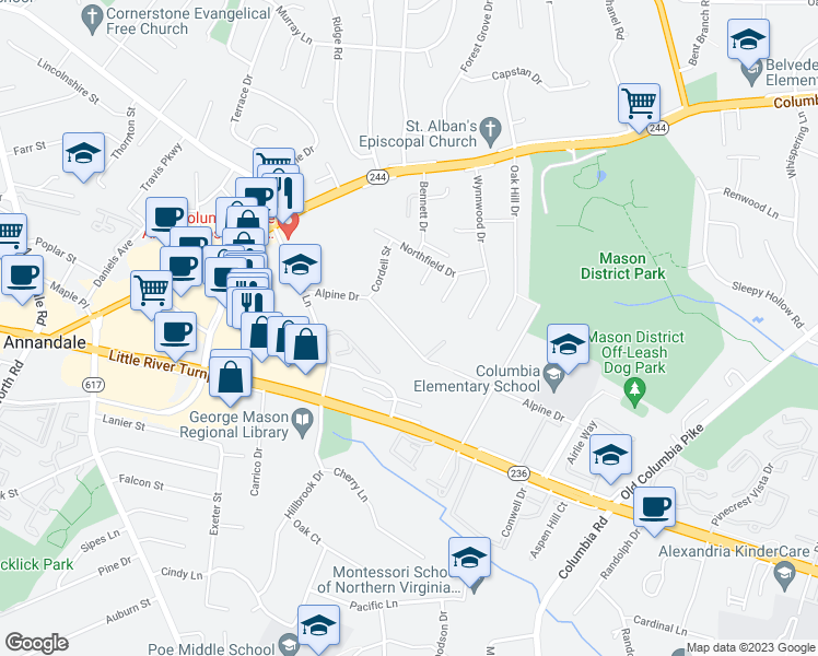 map of restaurants, bars, coffee shops, grocery stores, and more near 6902 Alpine Drive in Annandale